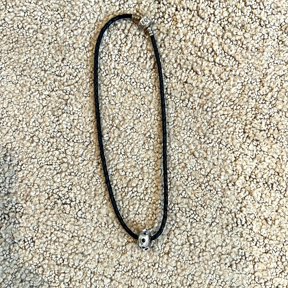 Pandora braided black leather cord necklace with polka dot charm bead